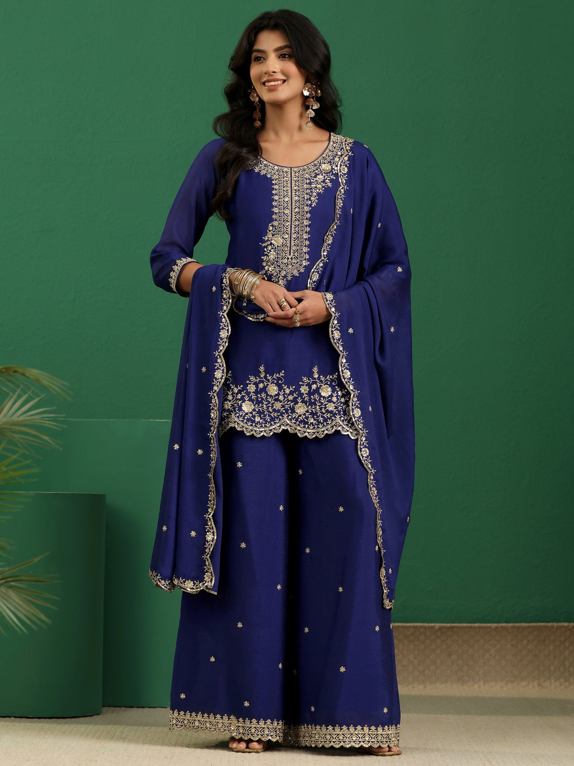Mameraa Royal Blue Floral Embellished Chinon Palazzo Suit Set