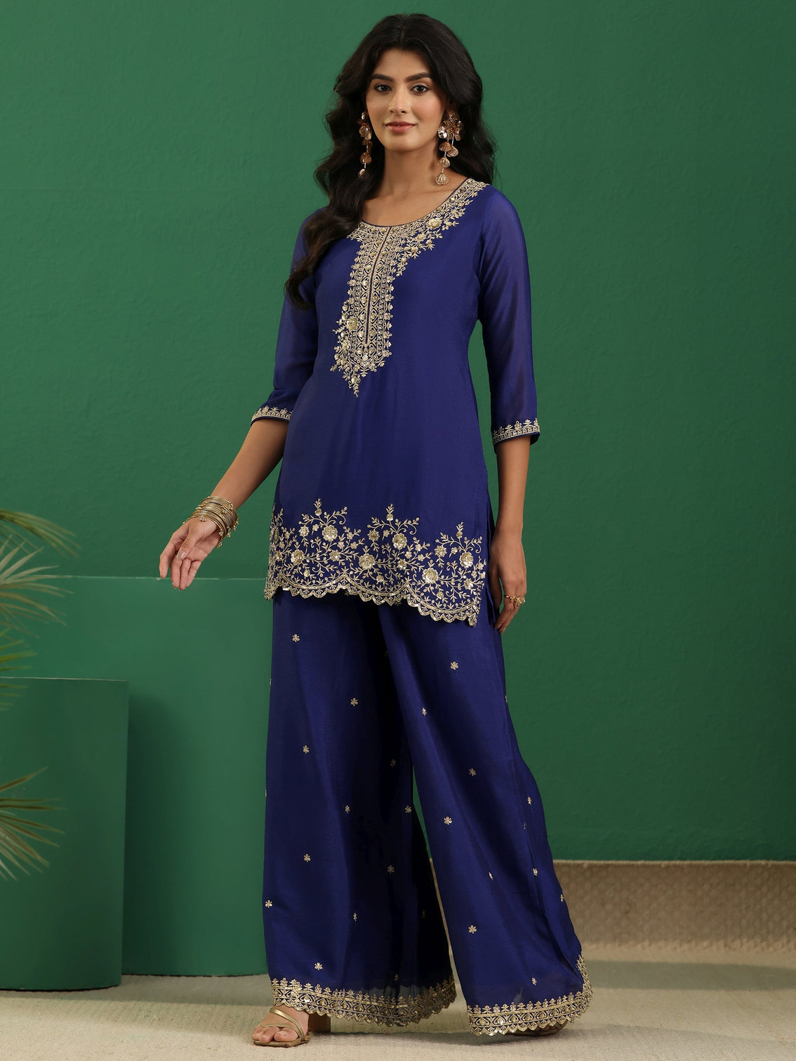 Mameraa Royal Blue Floral Embellished Chinon Palazzo Suit Set