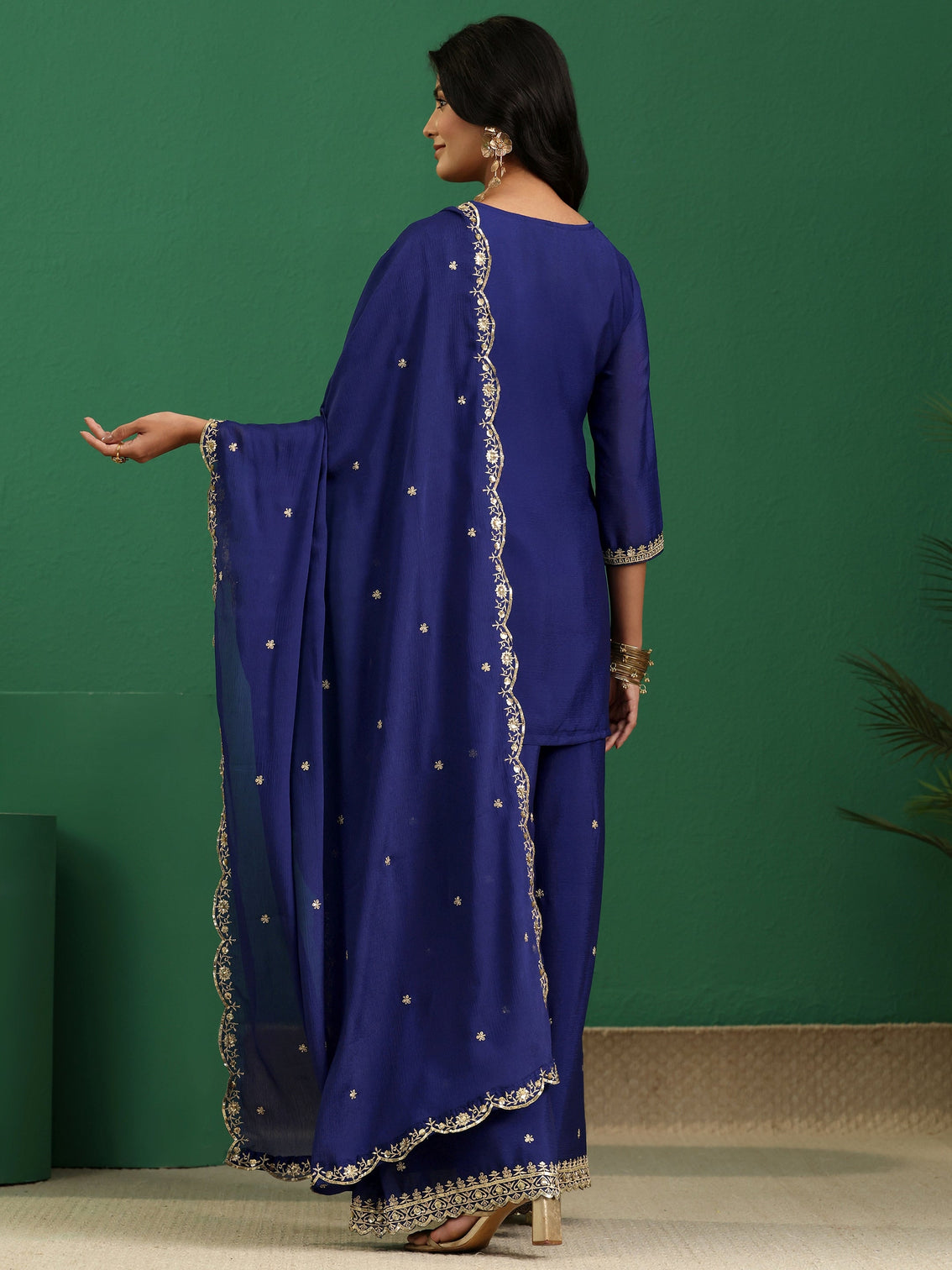 Mameraa Royal Blue Floral Embellished Chinon Palazzo Suit Set
