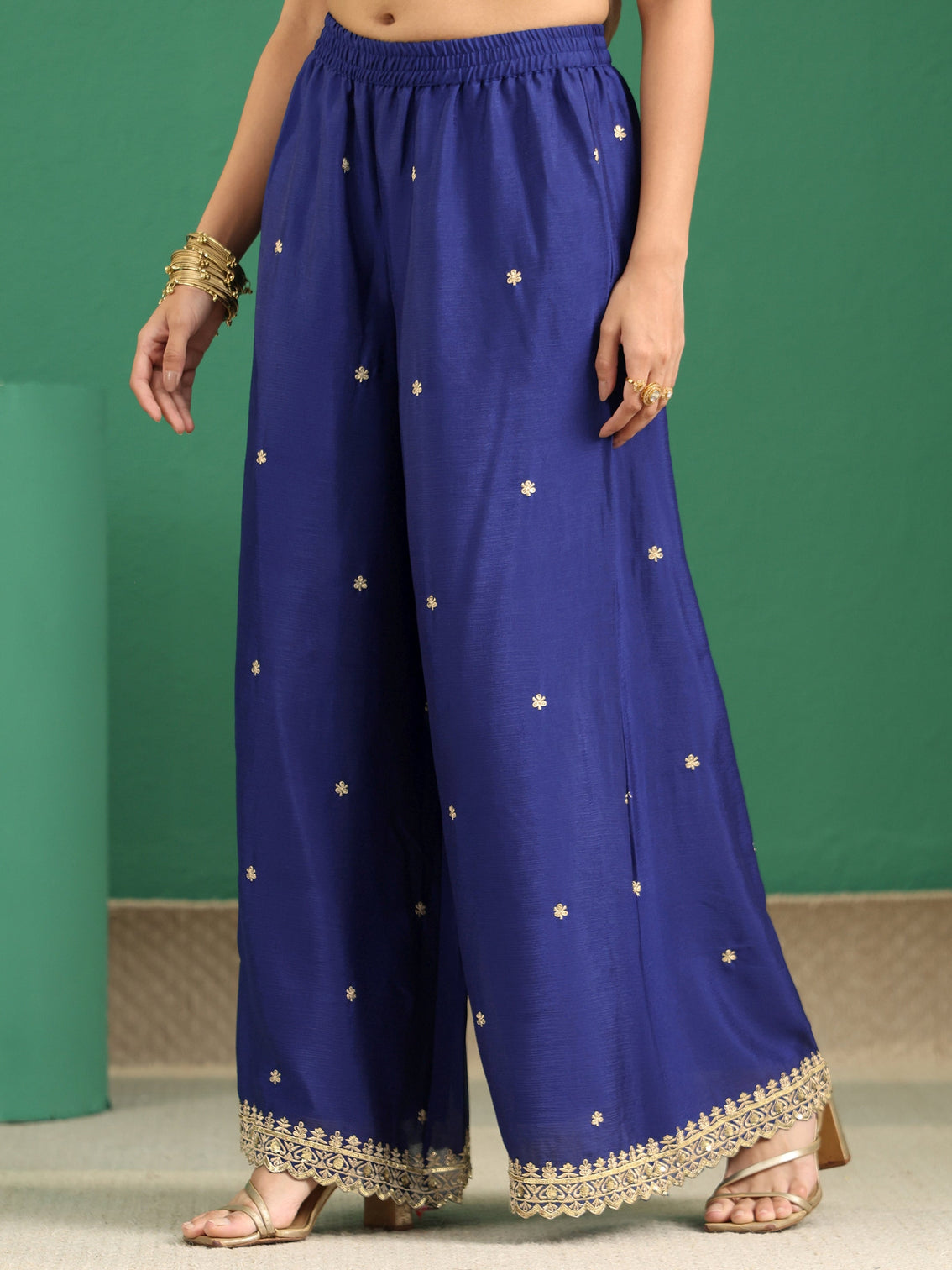 Mameraa Royal Blue Floral Embellished Chinon Palazzo Suit Set