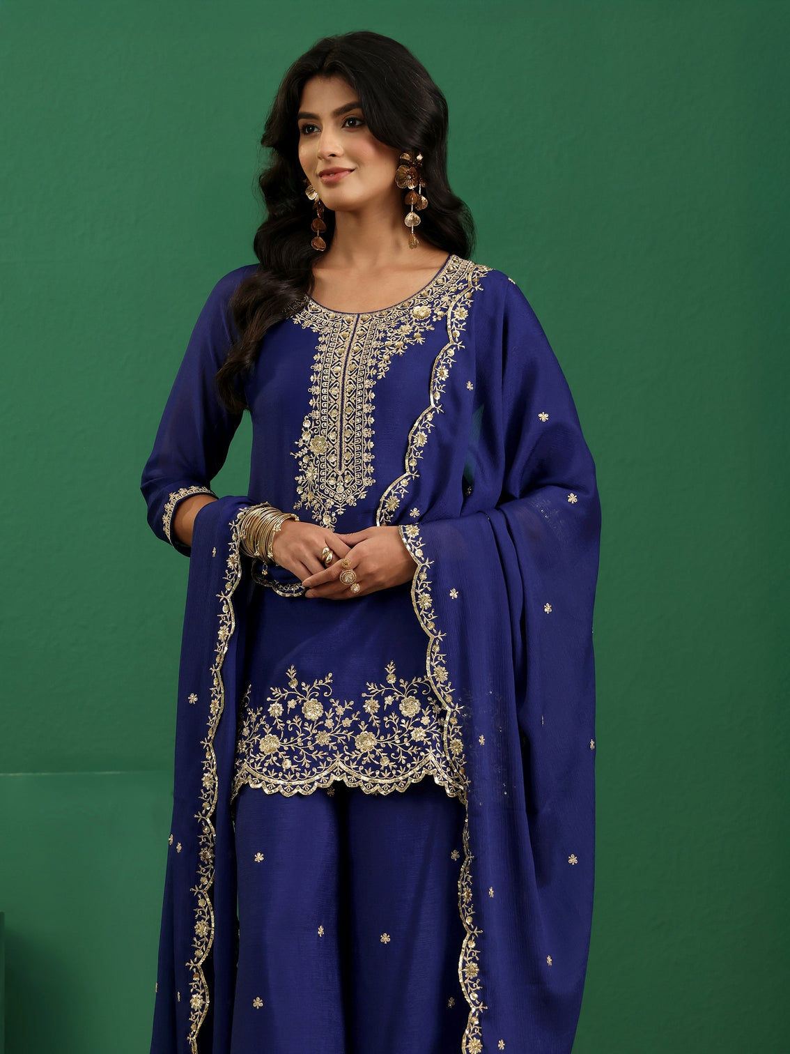 Mameraa Royal Blue Floral Embellished Chinon Palazzo Suit Set