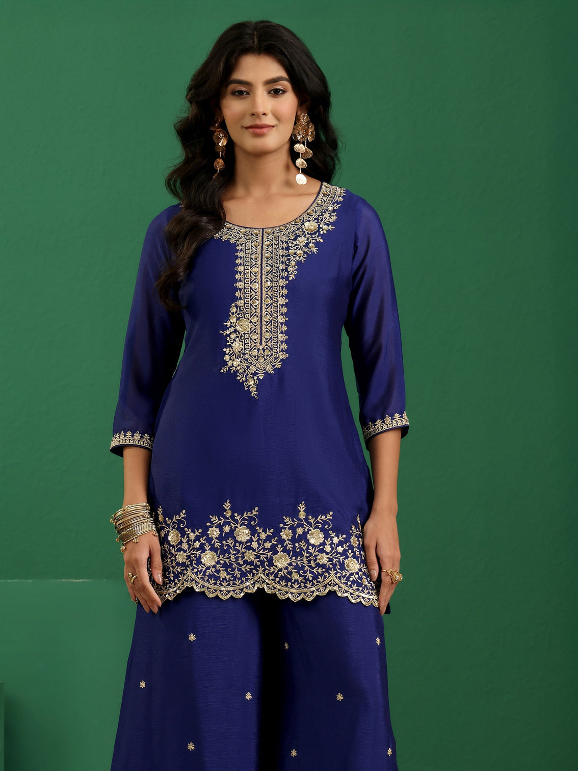Mameraa Royal Blue Floral Embellished Chinon Palazzo Suit Set