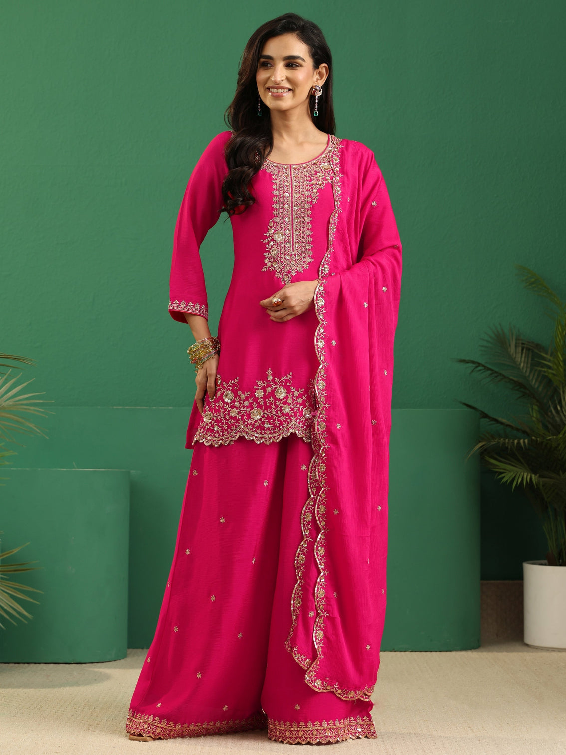 Mameraa Fuchsia Pink Floral Embellished Chinon Palazzo Suit Set