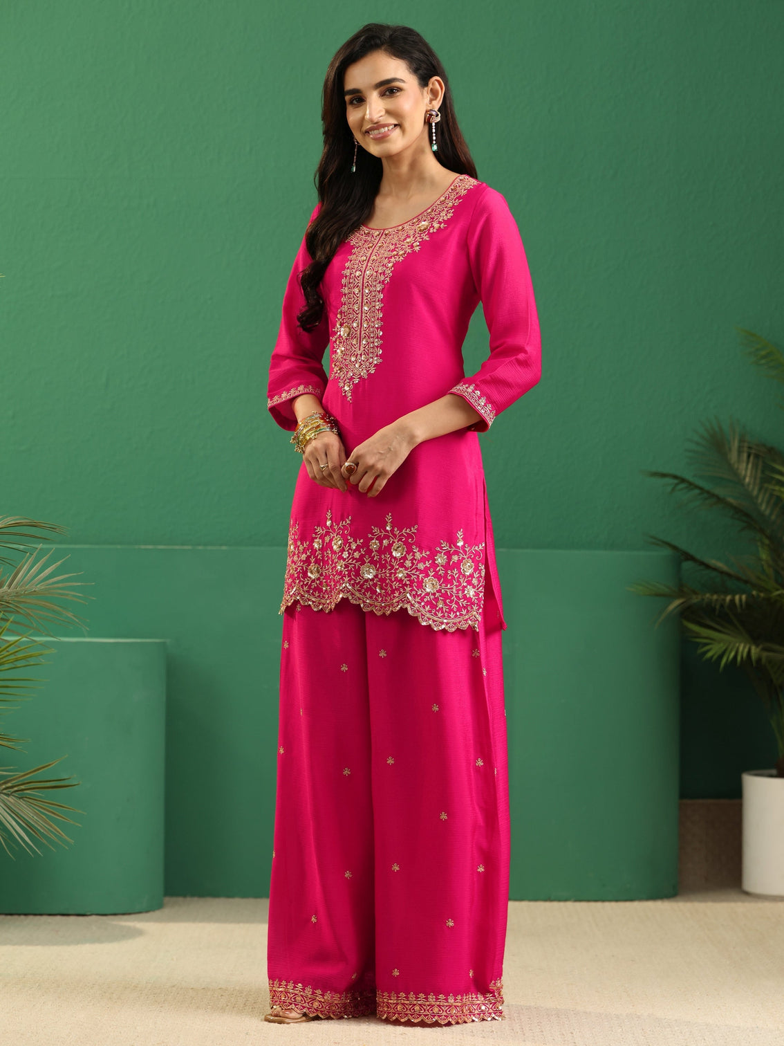 Mameraa Fuchsia Pink Floral Embellished Chinon Palazzo Suit Set