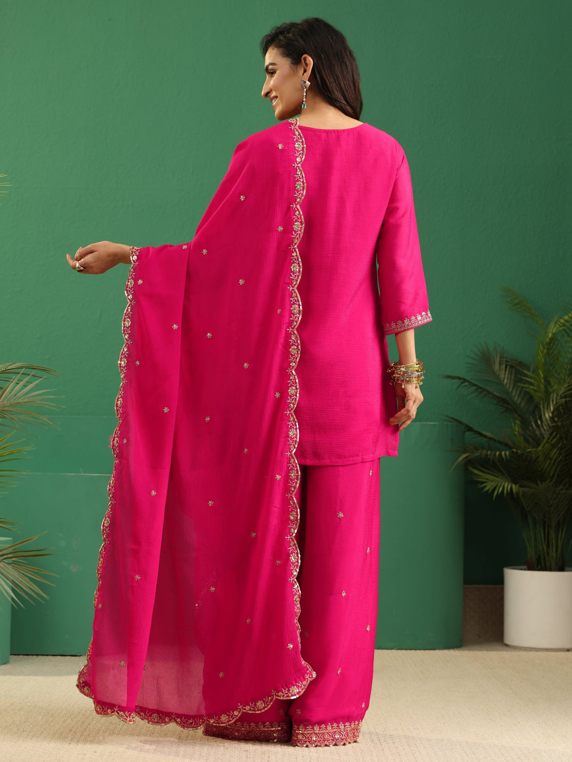 Mameraa Fuchsia Pink Floral Embellished Chinon Palazzo Suit Set
