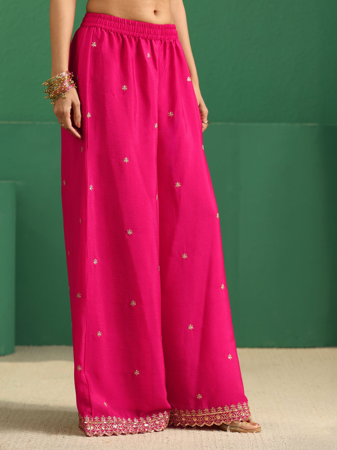Mameraa Fuchsia Pink Floral Embellished Chinon Palazzo Suit Set