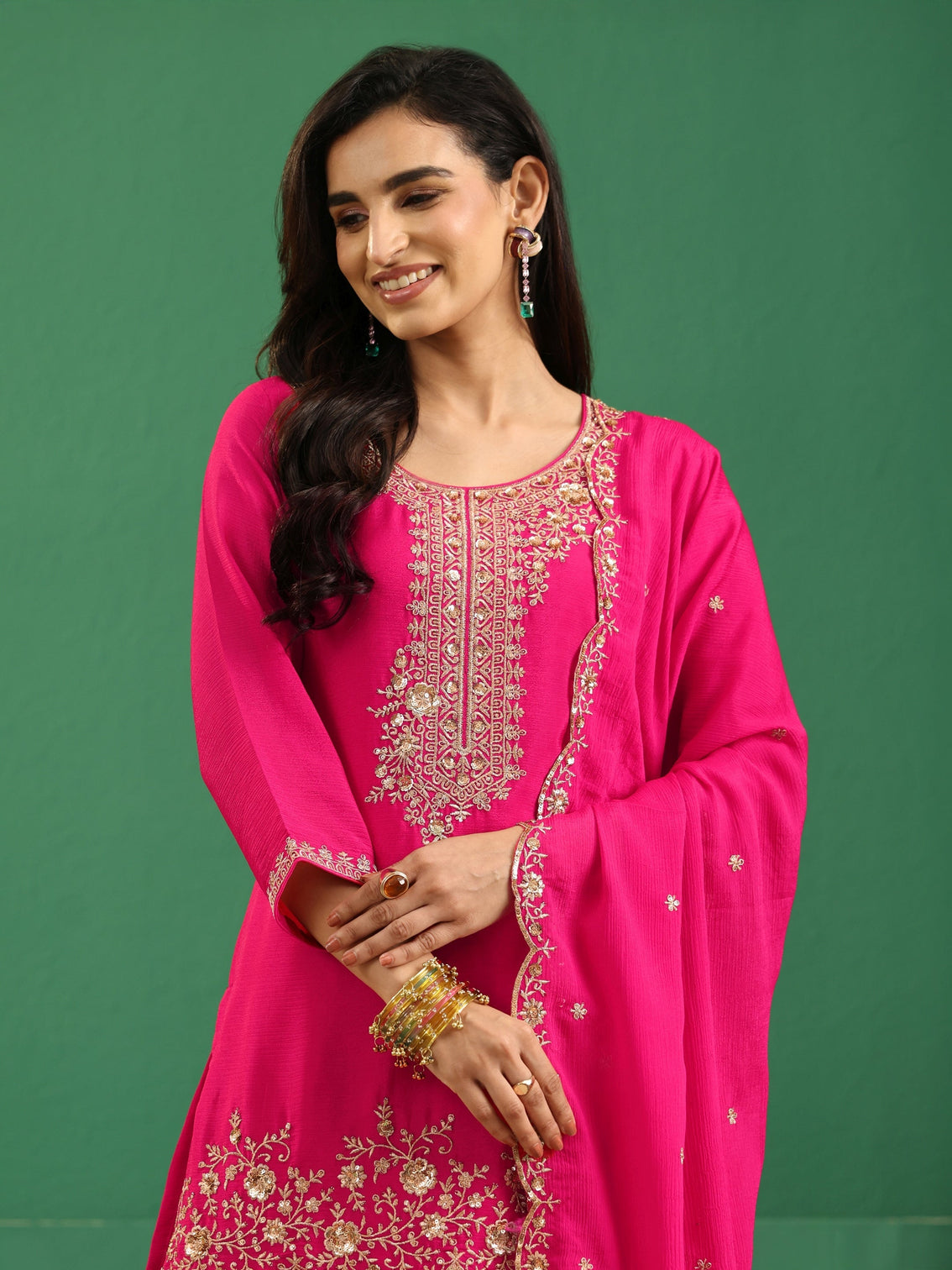 Mameraa Fuchsia Pink Floral Embellished Chinon Palazzo Suit Set