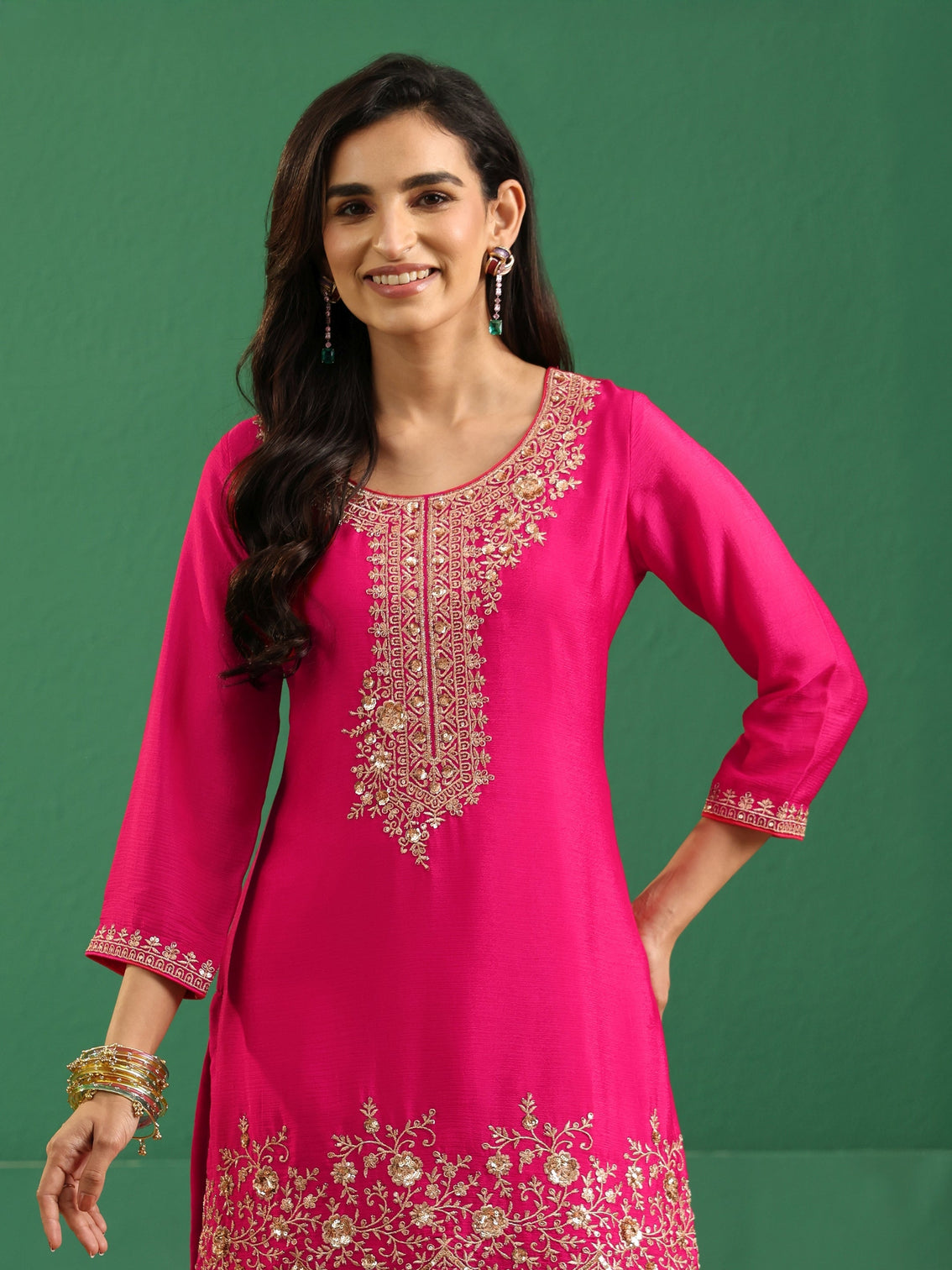 Mameraa Fuchsia Pink Floral Embellished Chinon Palazzo Suit Set