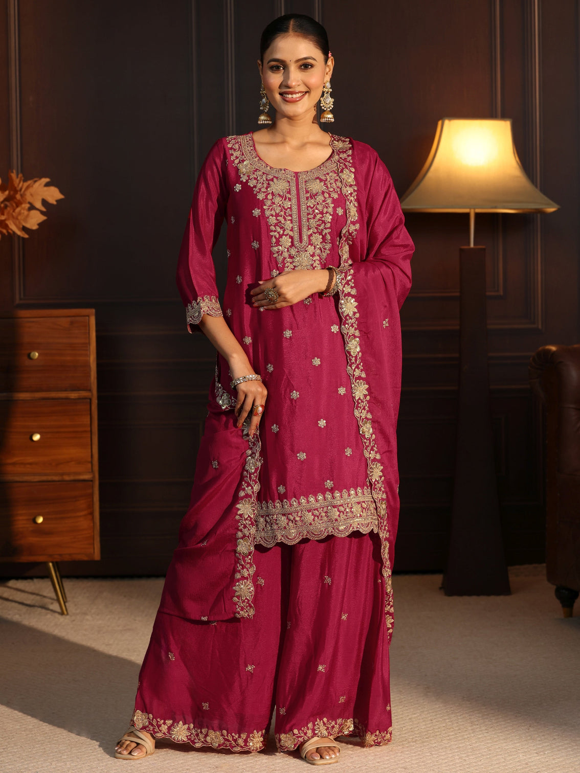 Mameraa Rani Pink Floral Embroidered Chinon Palazzo Suit Set