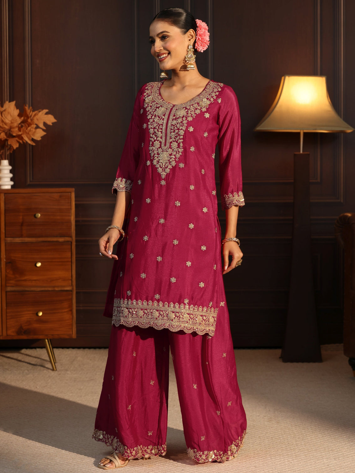 Mameraa Rani Pink Floral Embroidered Chinon Palazzo Suit Set