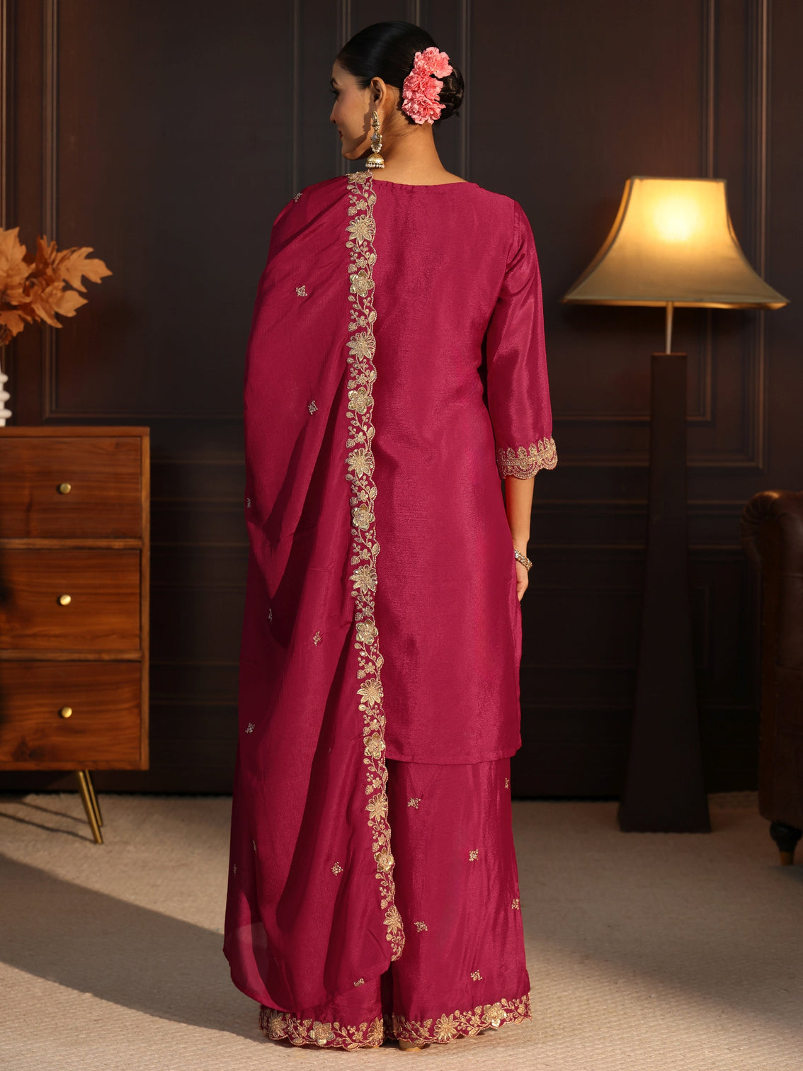 Mameraa Rani Pink Floral Embroidered Chinon Palazzo Suit Set