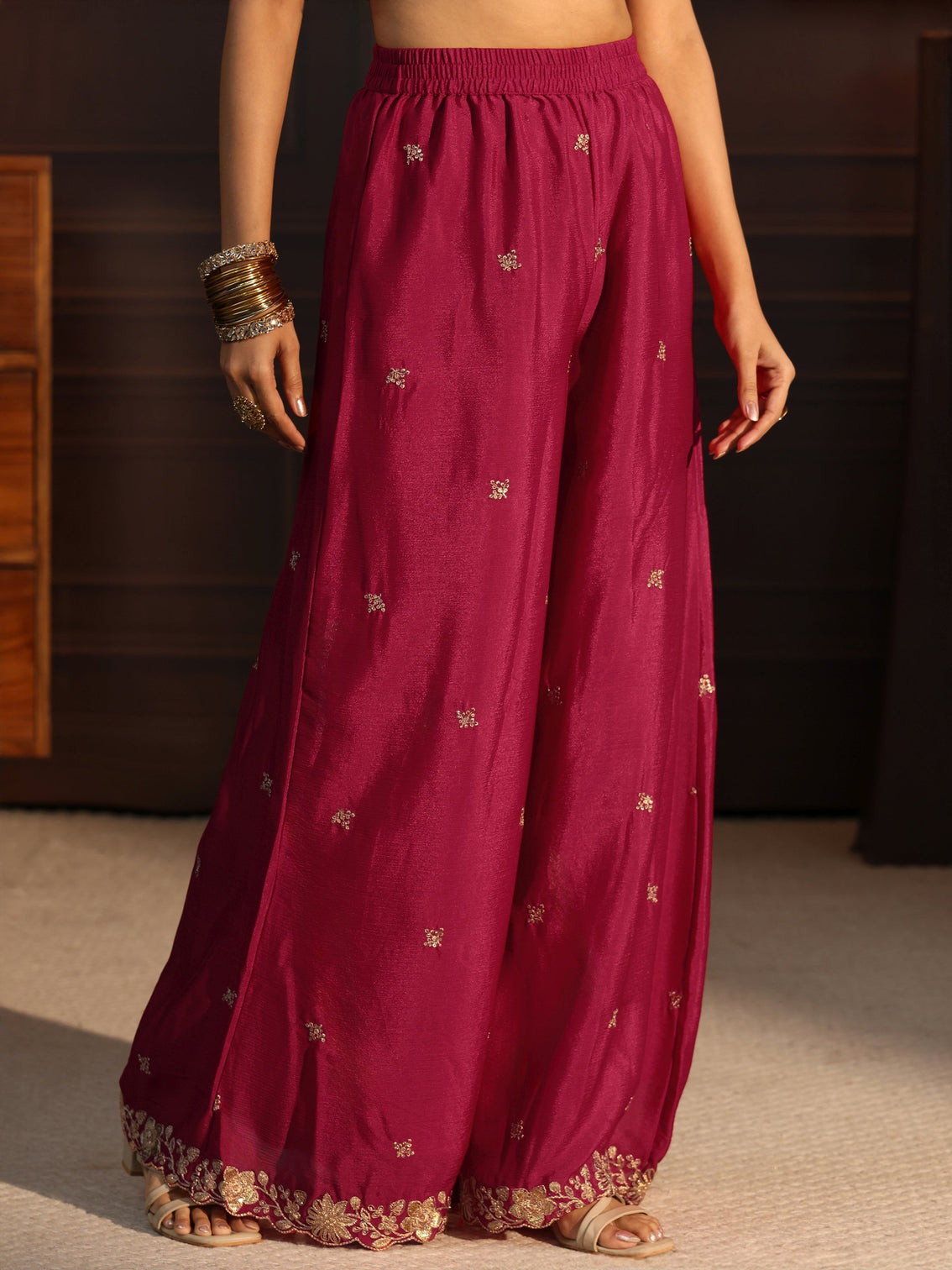 Mameraa Rani Pink Floral Embroidered Chinon Palazzo Suit Set