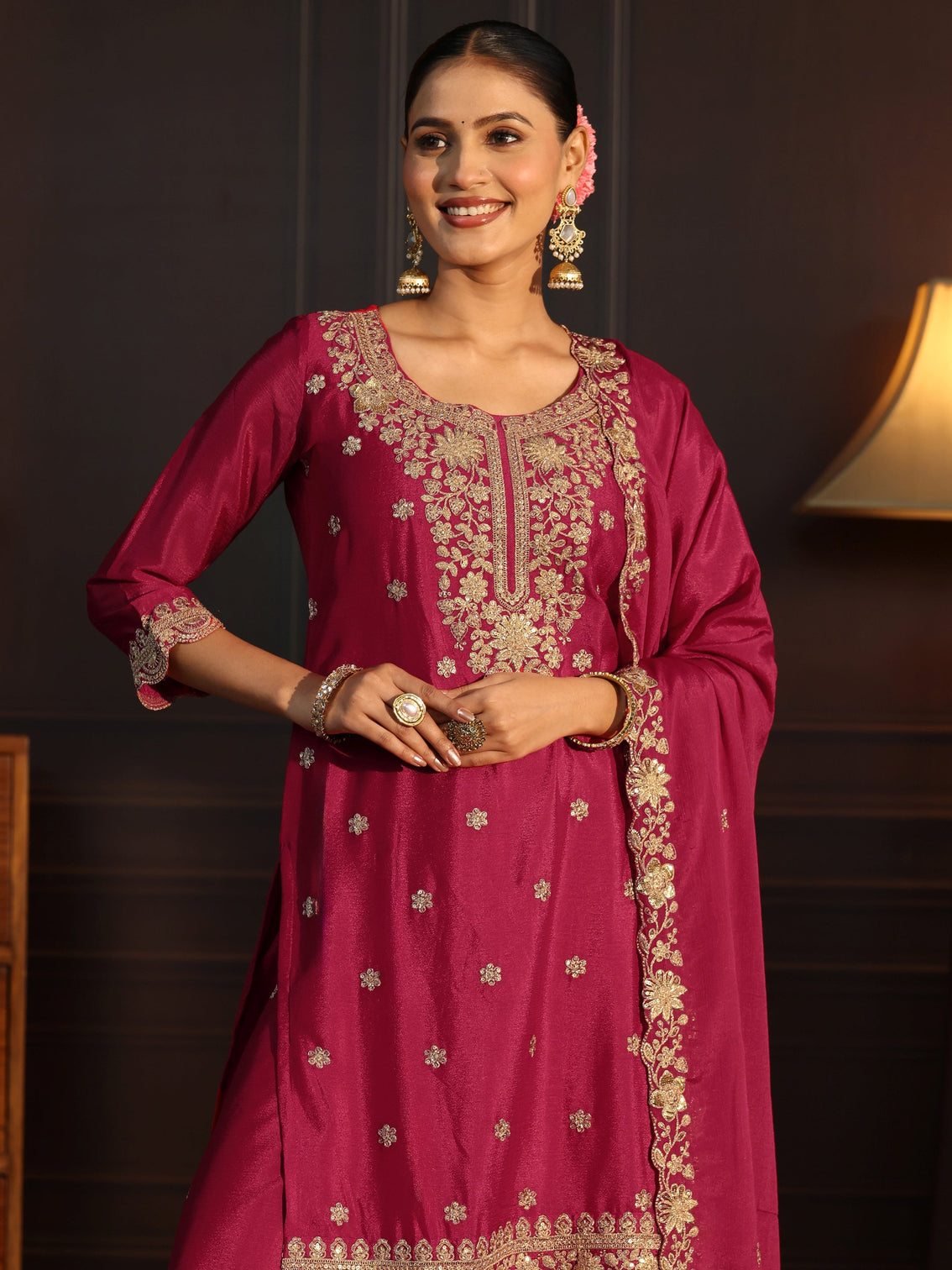 Mameraa Rani Pink Floral Embroidered Chinon Palazzo Suit Set