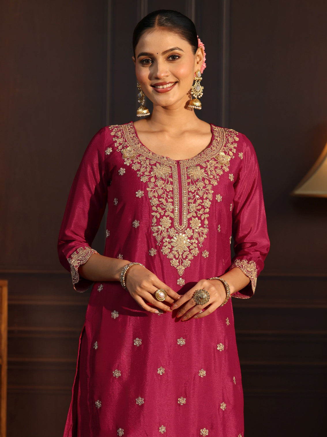 Mameraa Rani Pink Floral Embroidered Chinon Palazzo Suit Set