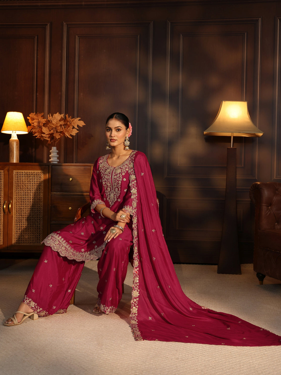 Mameraa Rani Pink Floral Embroidered Chinon Palazzo Suit Set