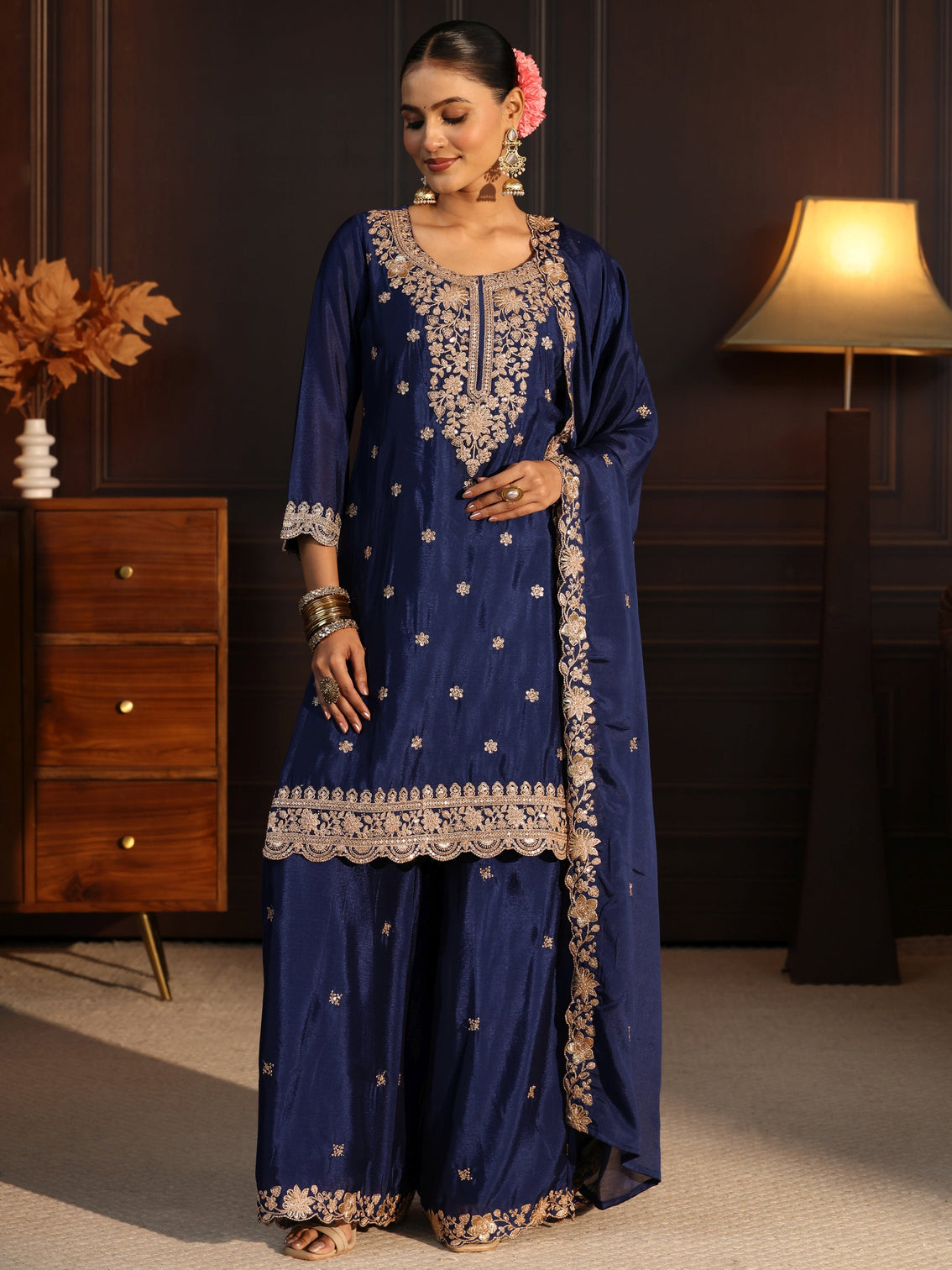 Mameraa Navy Blue Floral Embroidered Chinon Palazzo Suit Set