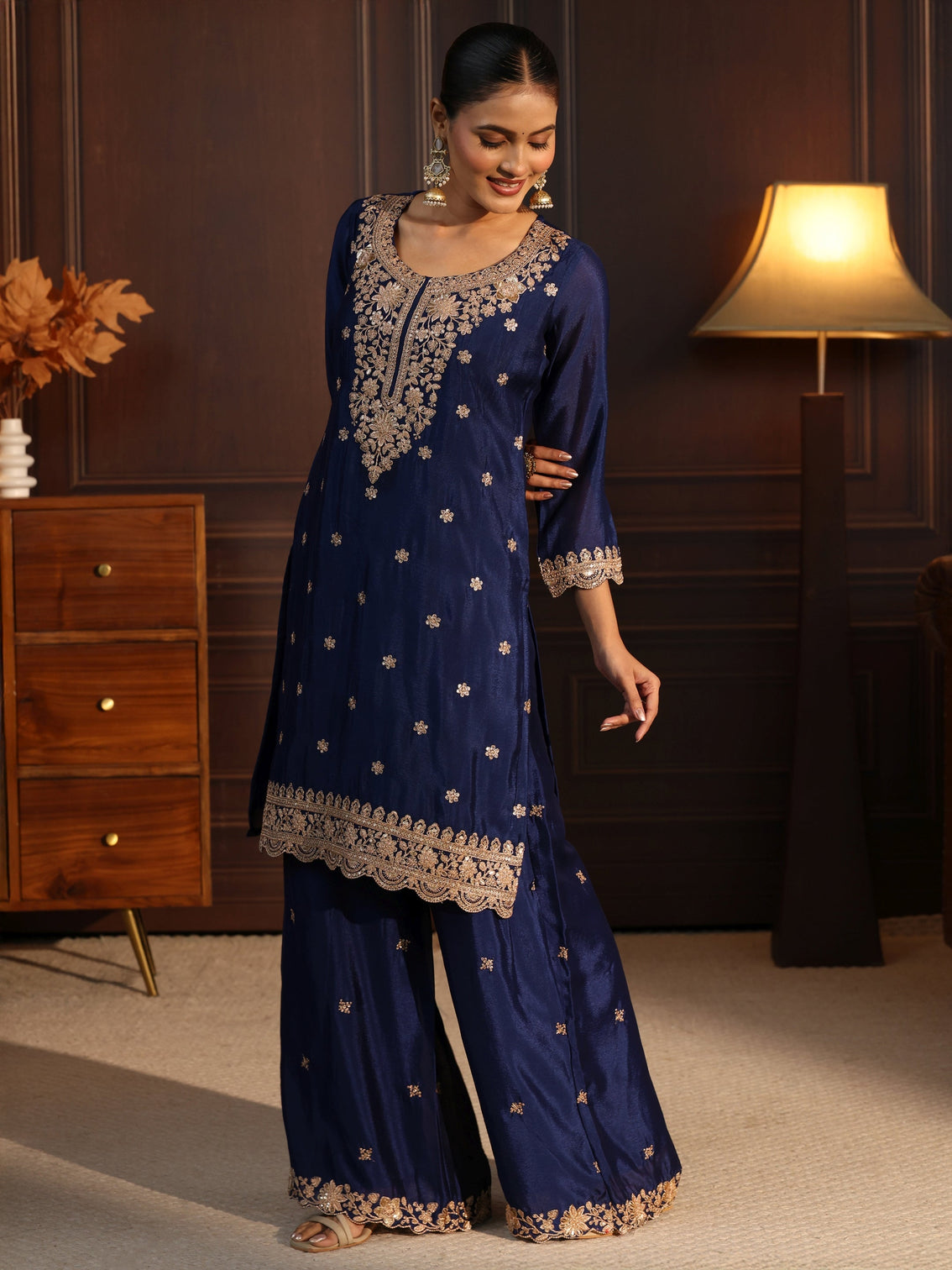 Mameraa Navy Blue Floral Embroidered Chinon Palazzo Suit Set