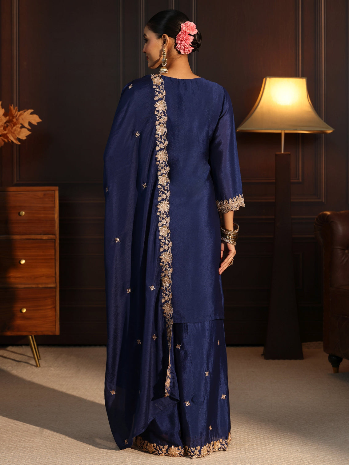 Mameraa Navy Blue Floral Embroidered Chinon Palazzo Suit Set
