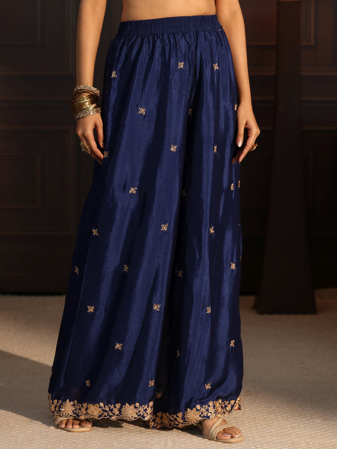Mameraa Navy Blue Floral Embroidered Chinon Palazzo Suit Set