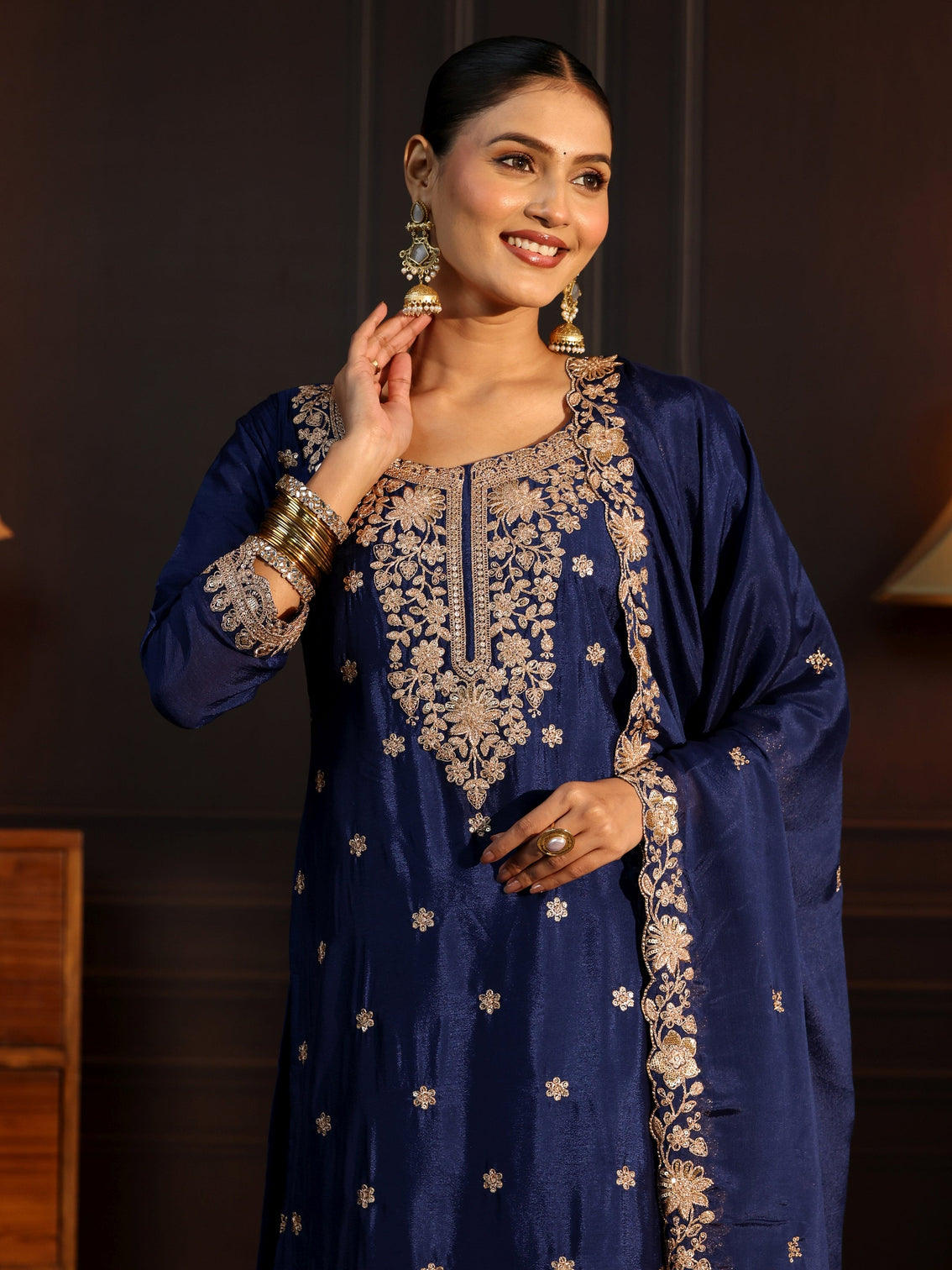Mameraa Navy Blue Floral Embroidered Chinon Palazzo Suit Set