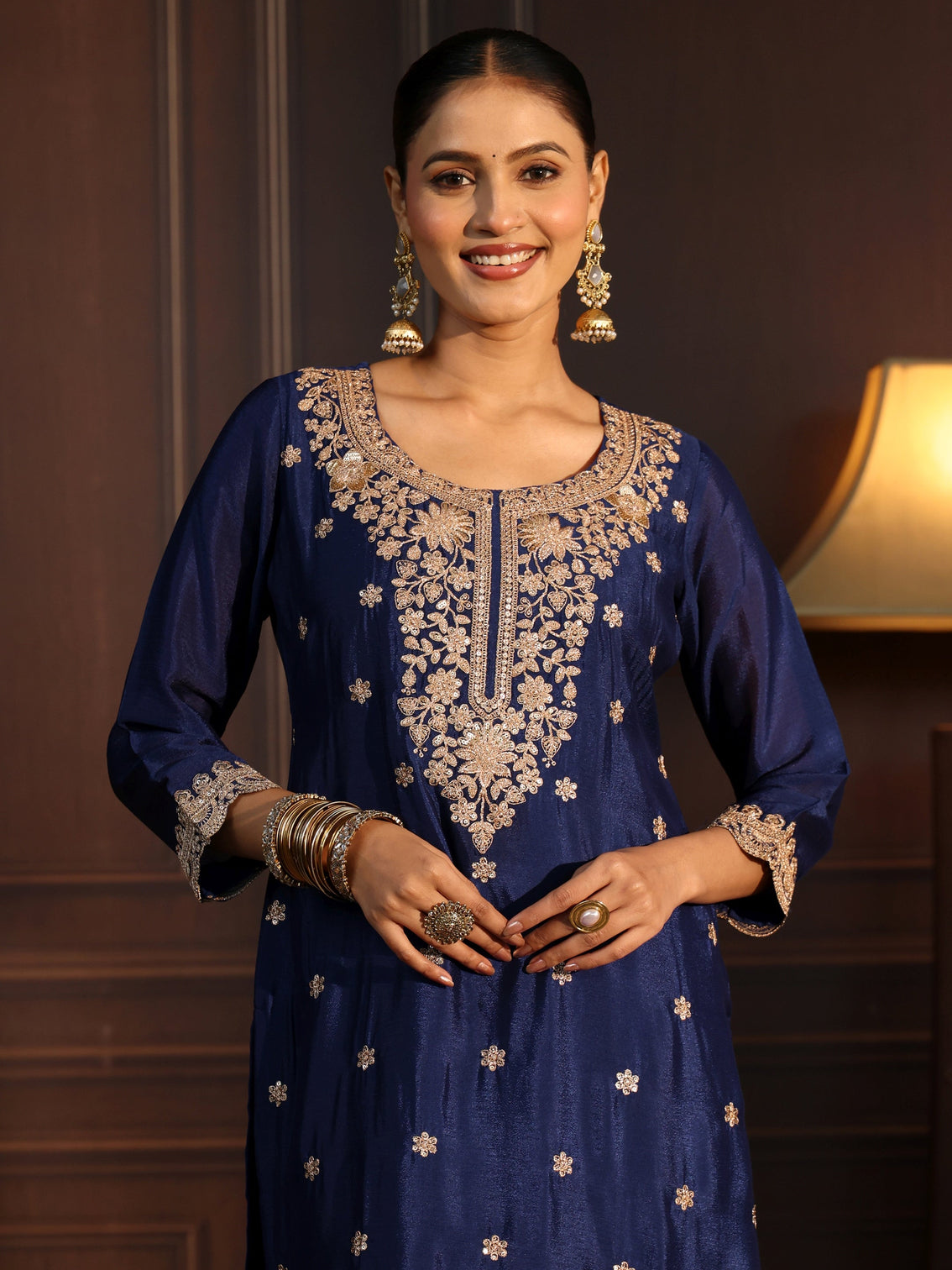 Mameraa Navy Blue Floral Embroidered Chinon Palazzo Suit Set