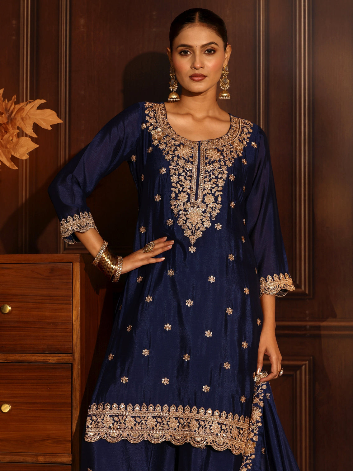 Mameraa Navy Blue Floral Embroidered Chinon Palazzo Suit Set