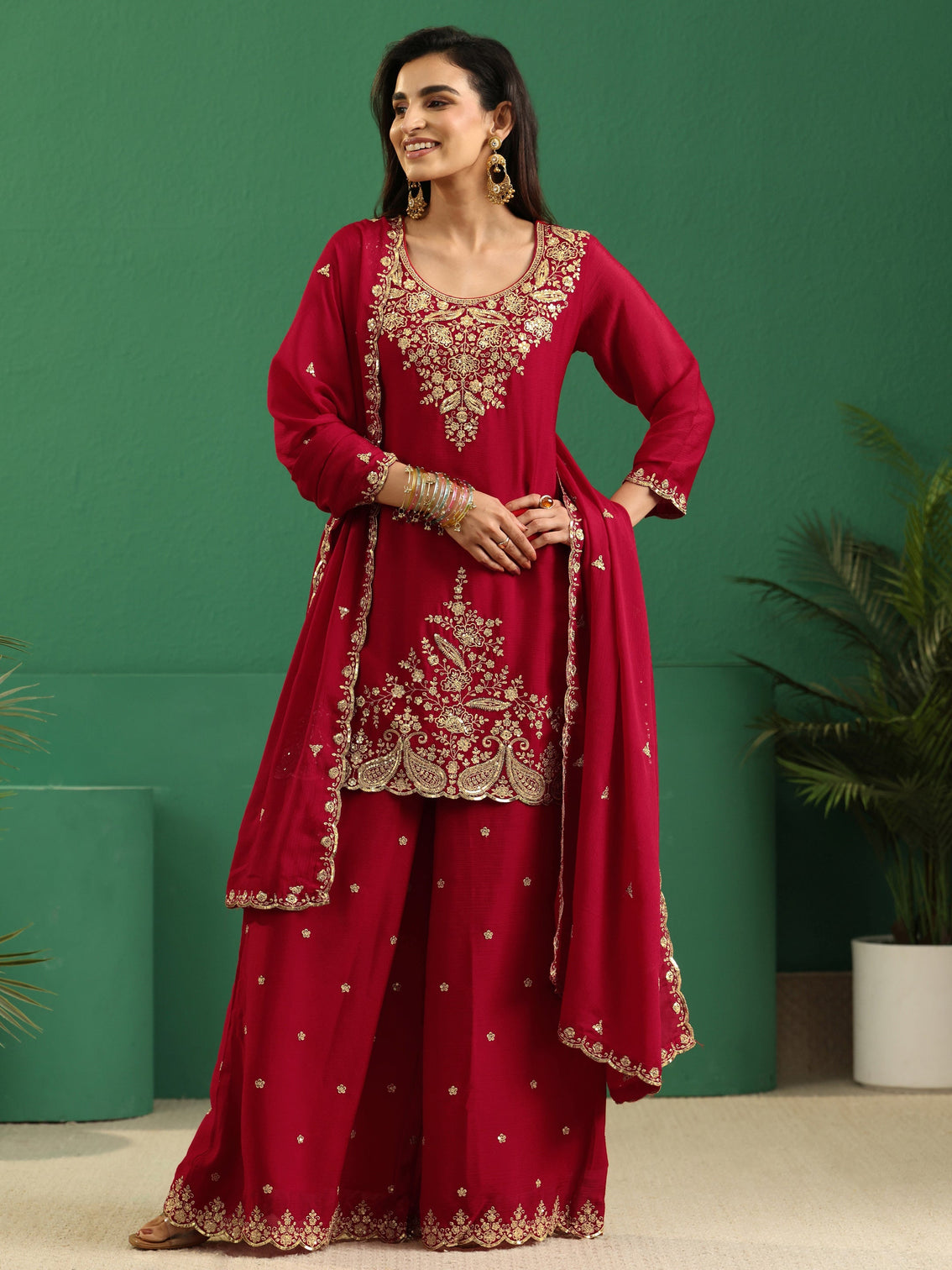 Mameraa Crimson Red Paisley Embellished Chinon Palazzo Suit Set