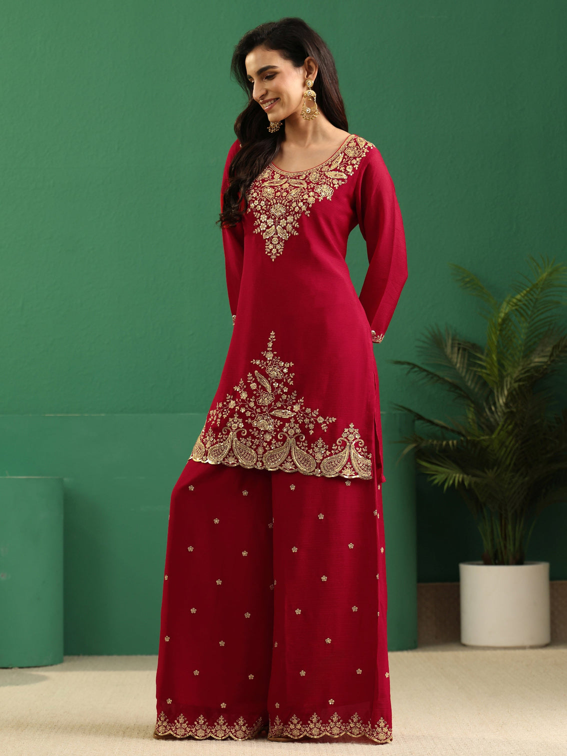 Mameraa Crimson Red Paisley Embellished Chinon Palazzo Suit Set