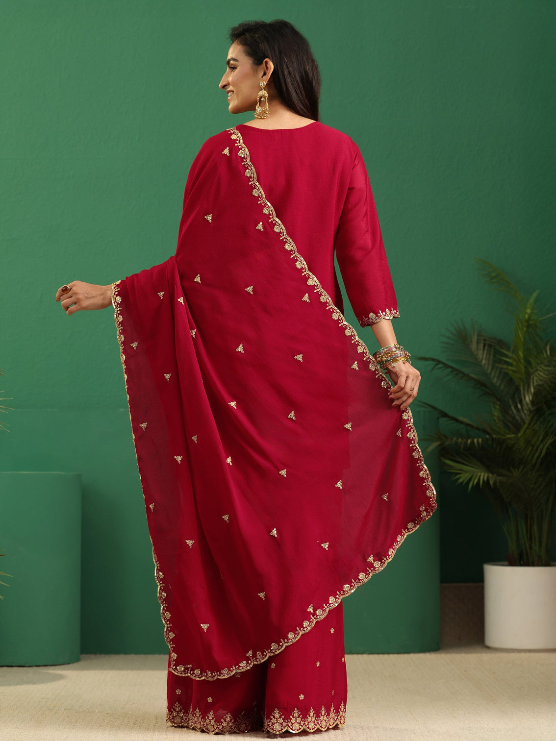 Mameraa Crimson Red Paisley Embellished Chinon Palazzo Suit Set