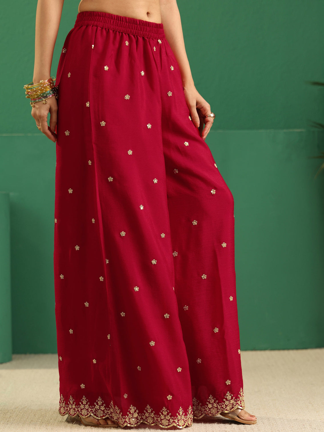 Mameraa Crimson Red Paisley Embellished Chinon Palazzo Suit Set