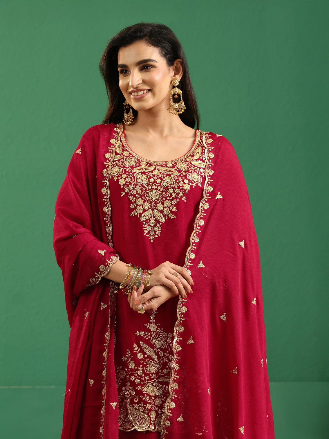 Mameraa Crimson Red Paisley Embellished Chinon Palazzo Suit Set