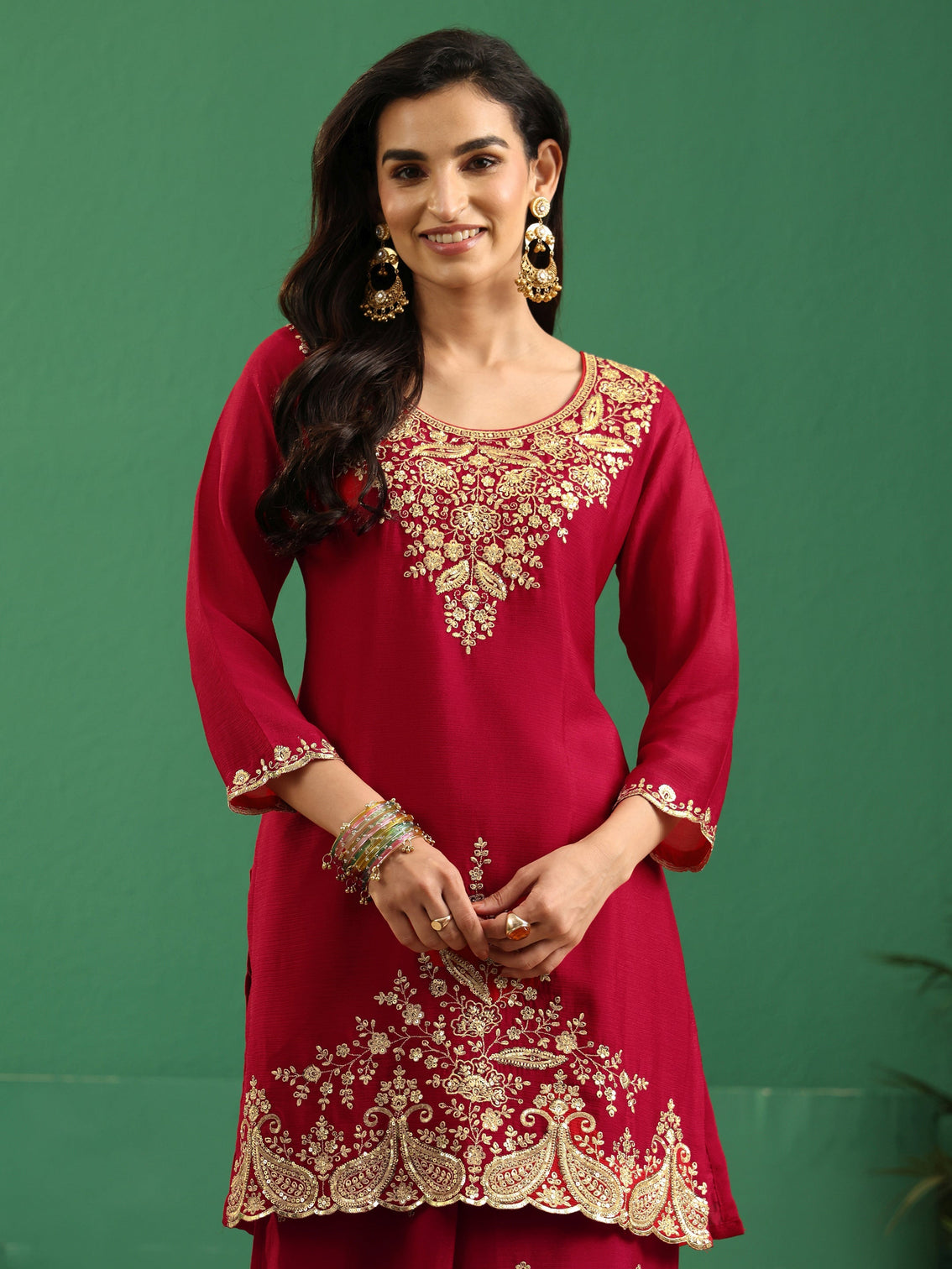 Mameraa Crimson Red Paisley Embellished Chinon Palazzo Suit Set
