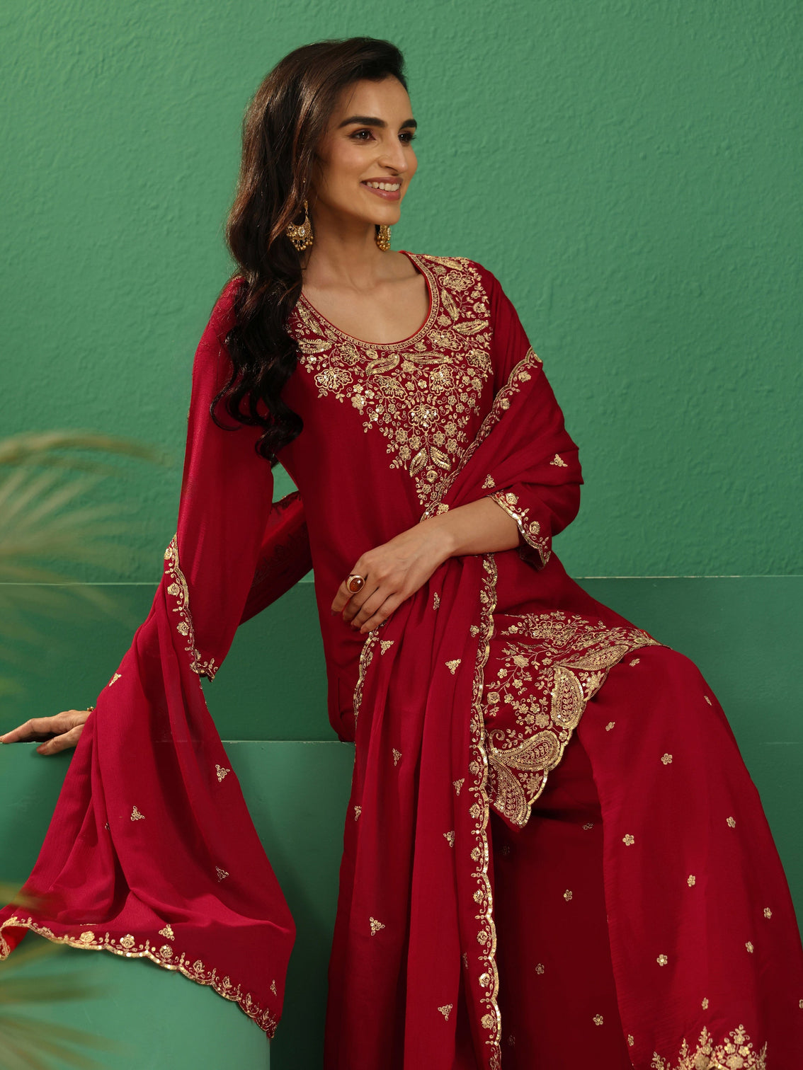 Mameraa Crimson Red Paisley Embellished Chinon Palazzo Suit Set