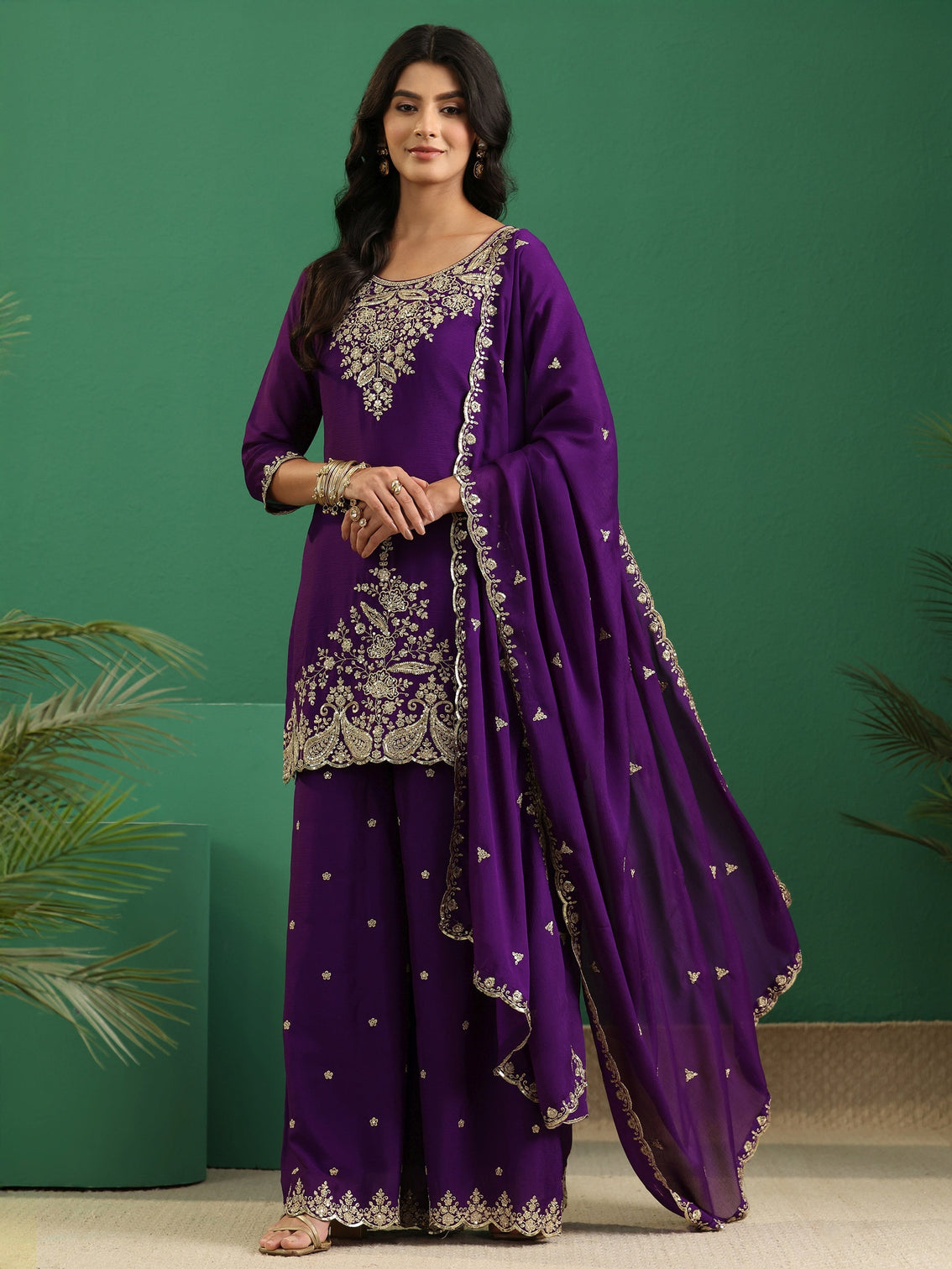 Mameraa Imperial Purple Paisley Embellished Chinon Palazzo Suit Set