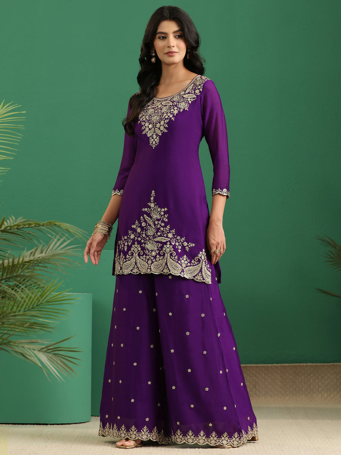 Mameraa Imperial Purple Paisley Embellished Chinon Palazzo Suit Set