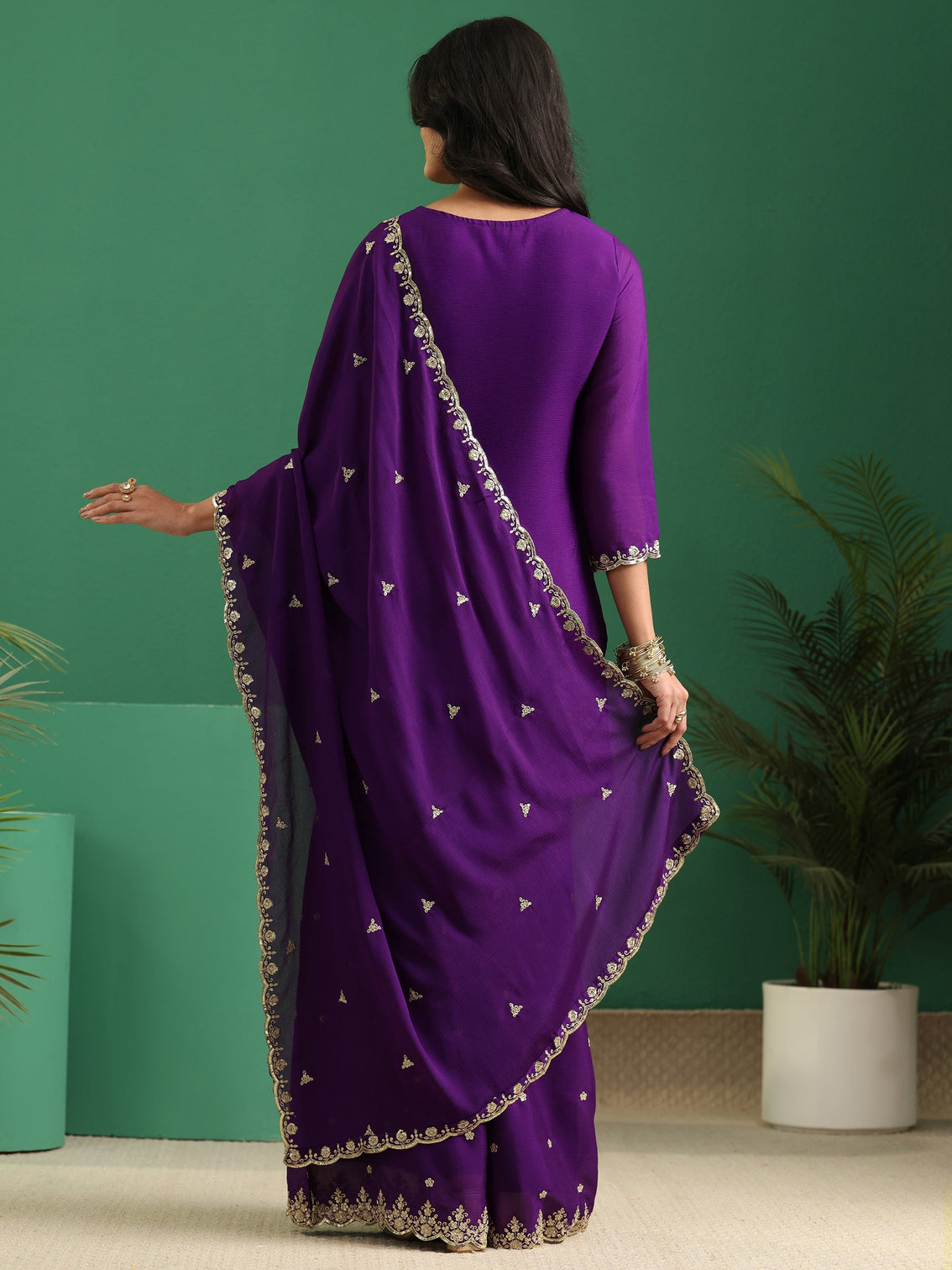 Mameraa Imperial Purple Paisley Embellished Chinon Palazzo Suit Set