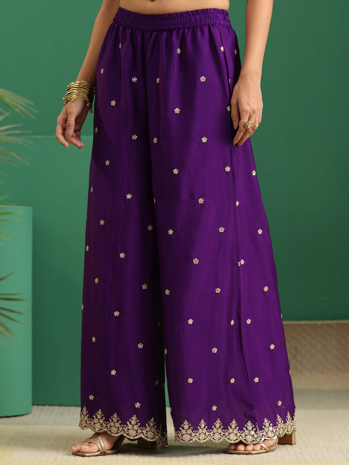 Mameraa Imperial Purple Paisley Embellished Chinon Palazzo Suit Set