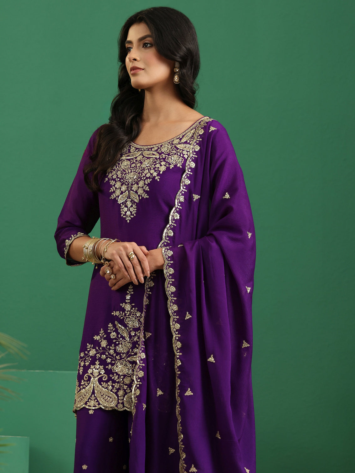 Mameraa Imperial Purple Paisley Embellished Chinon Palazzo Suit Set