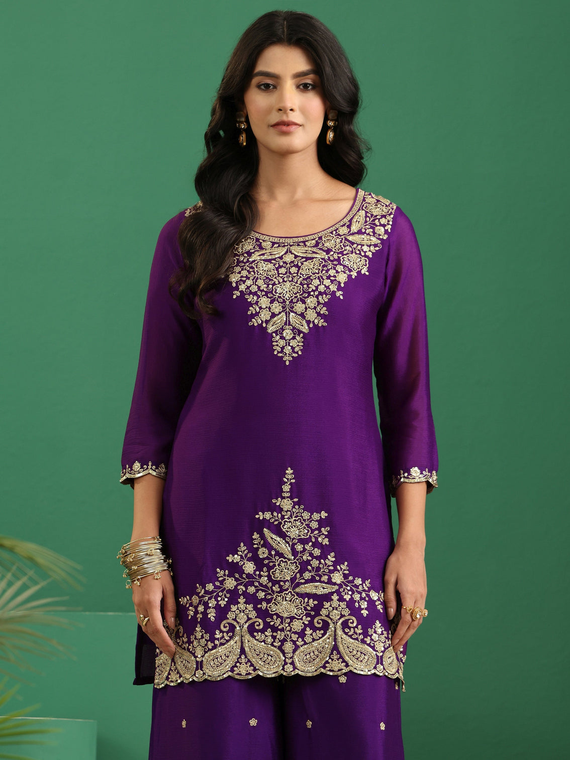 Mameraa Imperial Purple Paisley Embellished Chinon Palazzo Suit Set