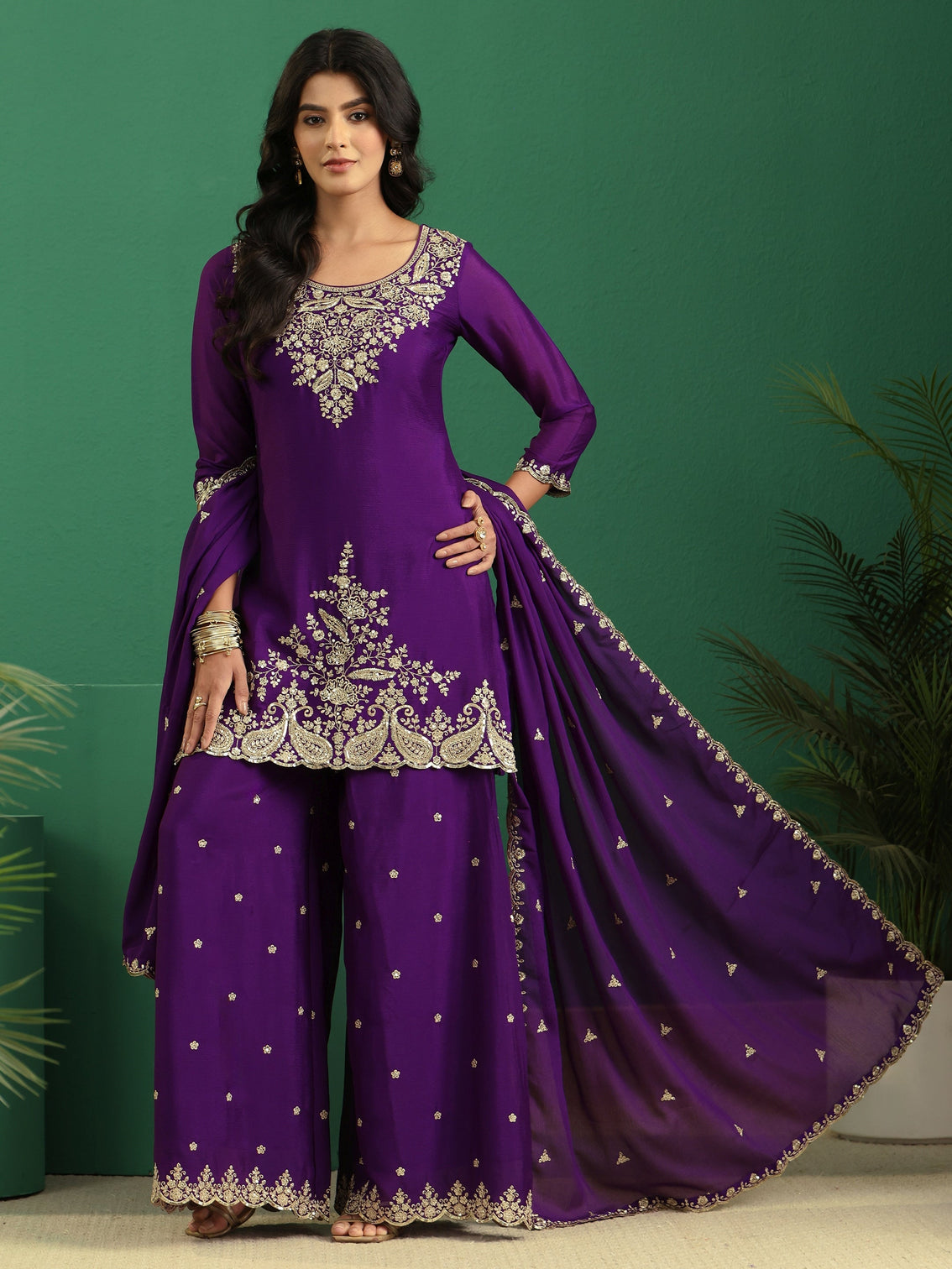 Mameraa Imperial Purple Paisley Embellished Chinon Palazzo Suit Set