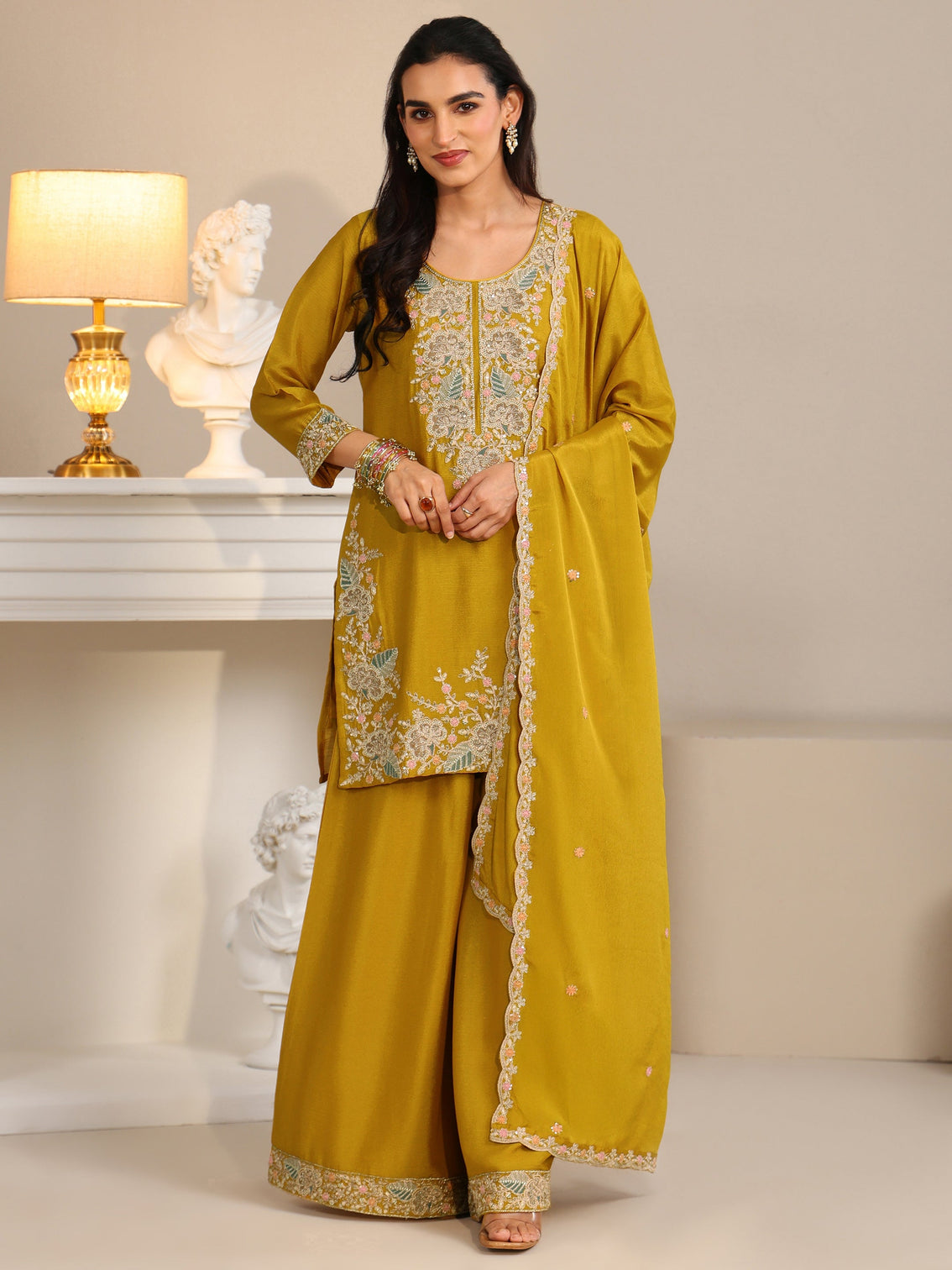 Mameraa Mustard Floral Embroidered Chinon Straight Suit Set