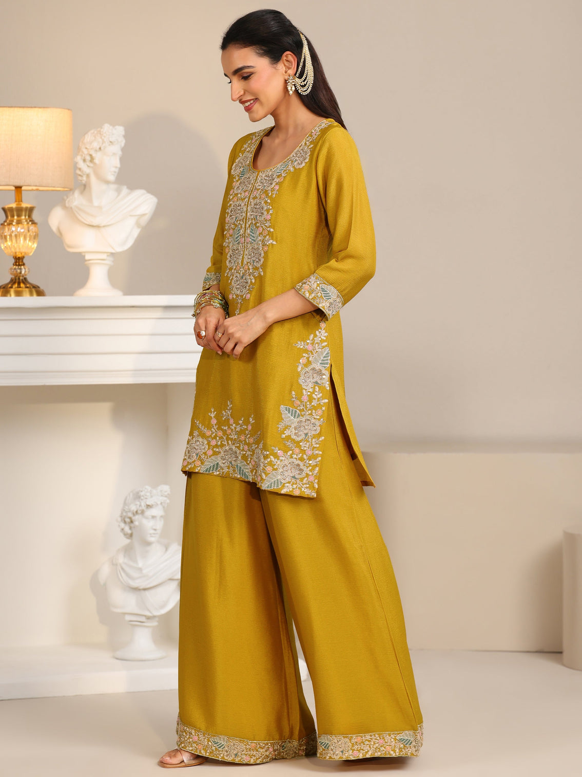 Mameraa Mustard Floral Embroidered Chinon Straight Suit Set