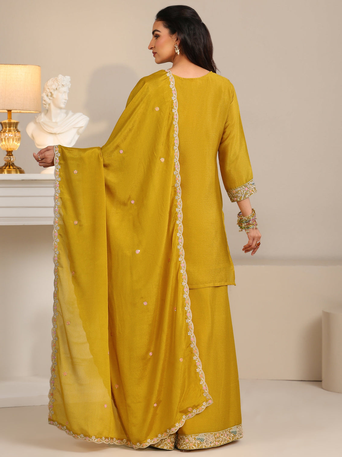 Mameraa Mustard Floral Embroidered Chinon Straight Suit Set
