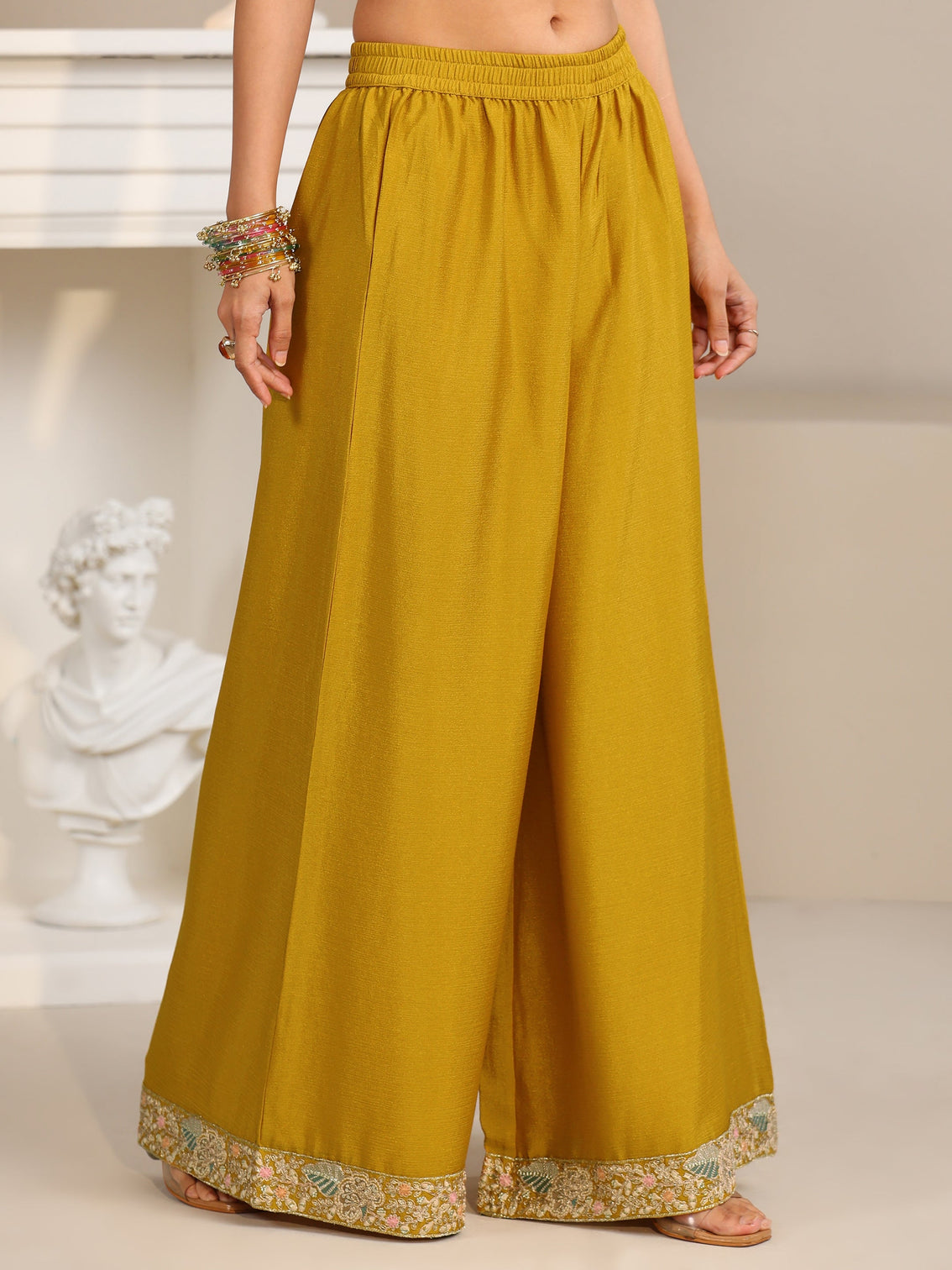 Mameraa Mustard Floral Embroidered Chinon Straight Suit Set