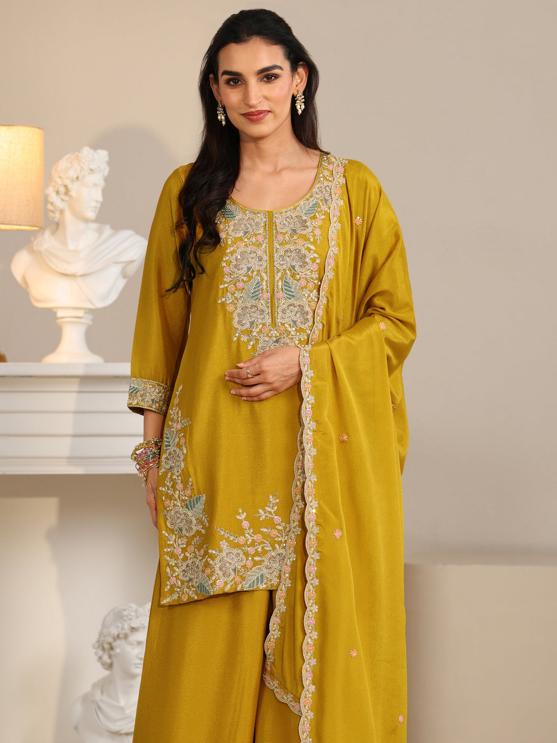 Mameraa Mustard Floral Embroidered Chinon Straight Suit Set