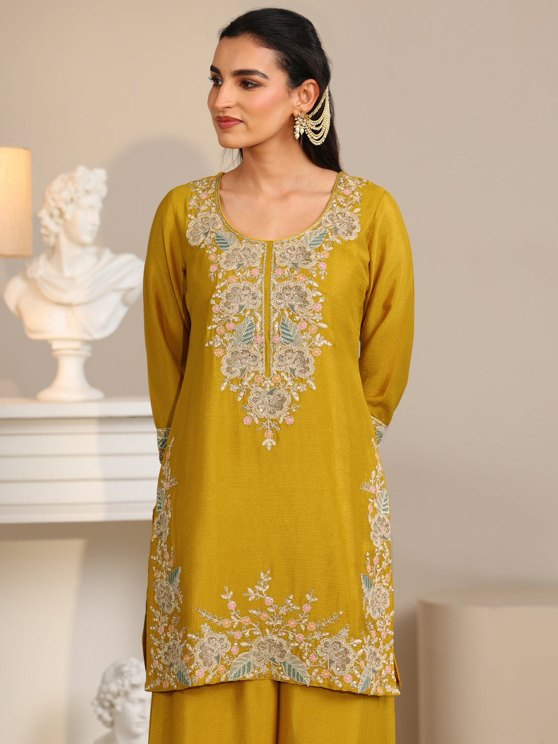 Mameraa Mustard Floral Embroidered Chinon Straight Suit Set
