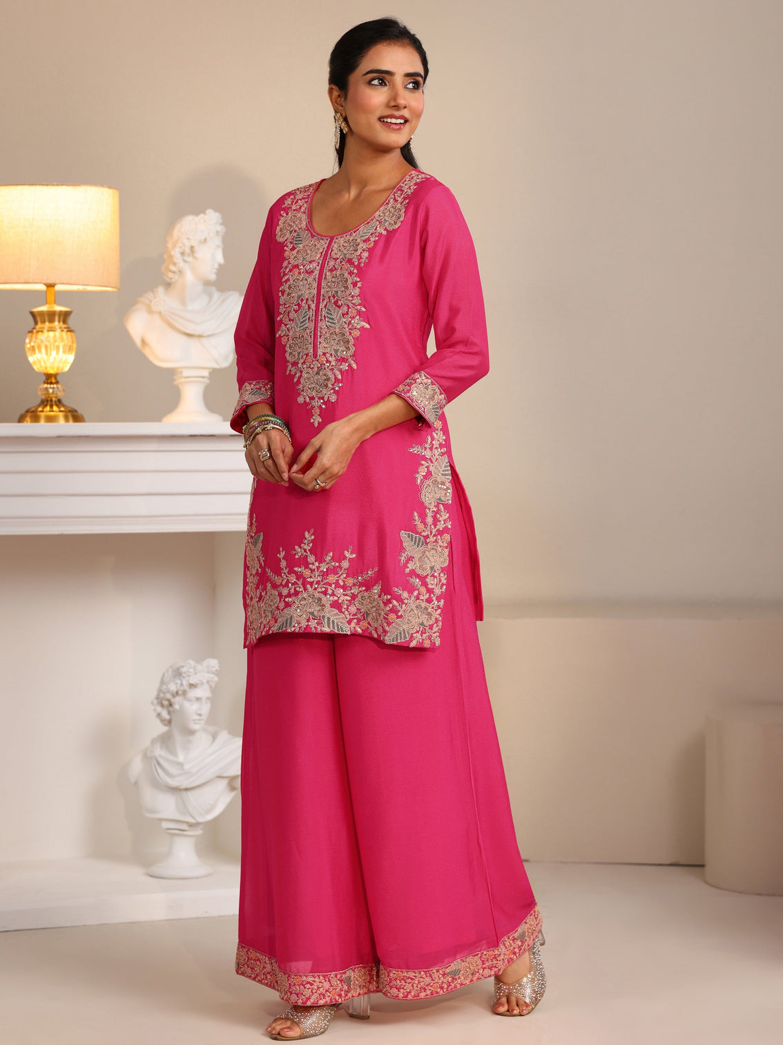 Mameraa Fuchsia Pink Floral Embroidered Chinon Straight Suit Set