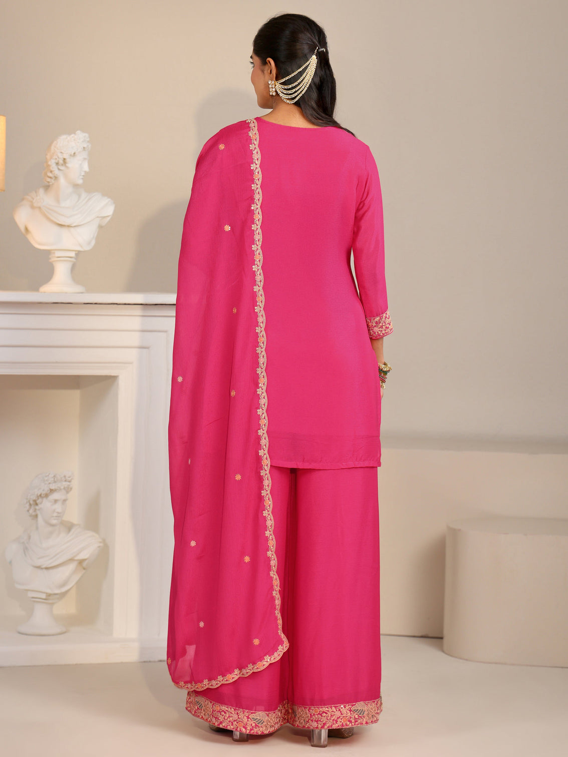 Mameraa Fuchsia Pink Floral Embroidered Chinon Straight Suit Set