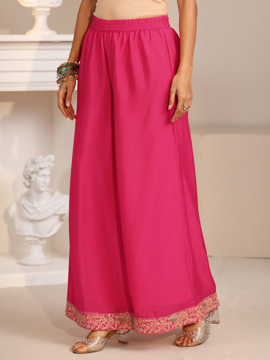 Mameraa Fuchsia Pink Floral Embroidered Chinon Straight Suit Set