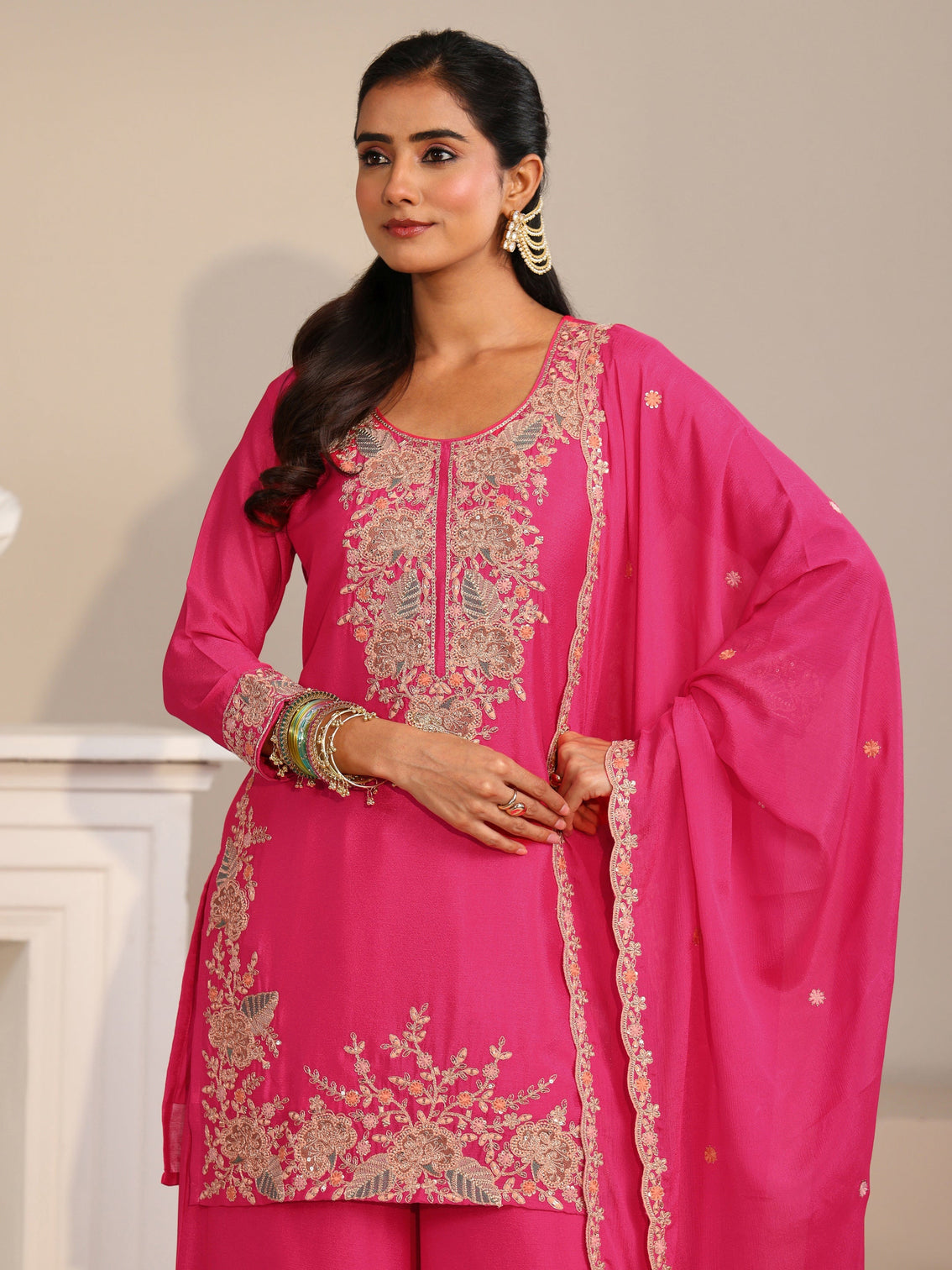 Mameraa Fuchsia Pink Floral Embroidered Chinon Straight Suit Set